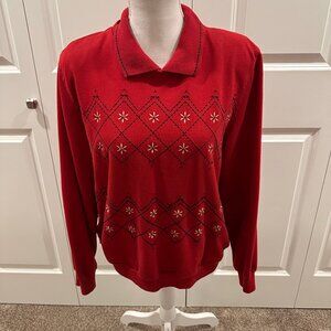 Medium Alfred Dunner long-sleeve polo style sweater red with black embroidery